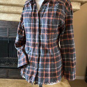 Gray & Rust Plaid Frayed Bottom Long Sleeve Flannel Top with Metal Studs